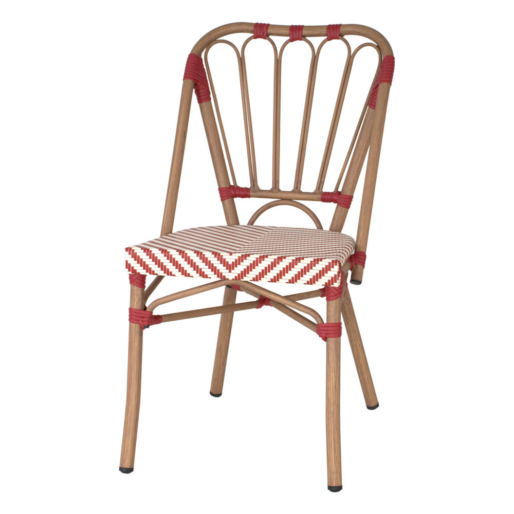 SILLA DE EXTERIOR ORSAY fabricada en aluminio con acabado imitación a madera y textilene. Estilo Bistró. Apilable. Ideal para hostelería y hogar. Color rojo.