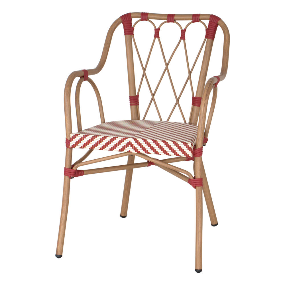 SILLA DE EXTERIOR VALMONT fabricada en aluminio con acabado imitación a madera y textilene. Estilo Bistró. Apilable. Ideal para hostelería y hogar. Color rojo.