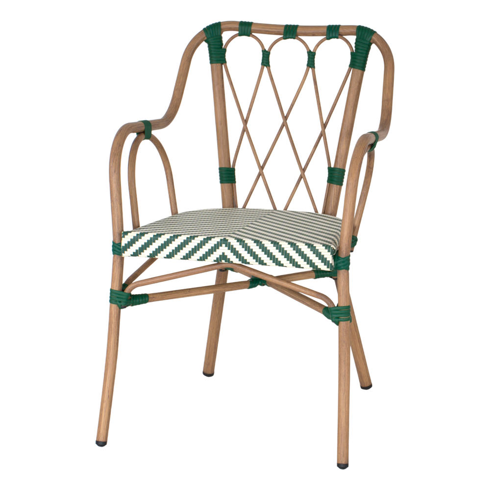 SILLA DE EXTERIOR VALMONT fabricada en aluminio con acabado imitación a madera y textilene. Estilo Bistró. Apilable. Ideal para hostelería y hogar. Color verde.