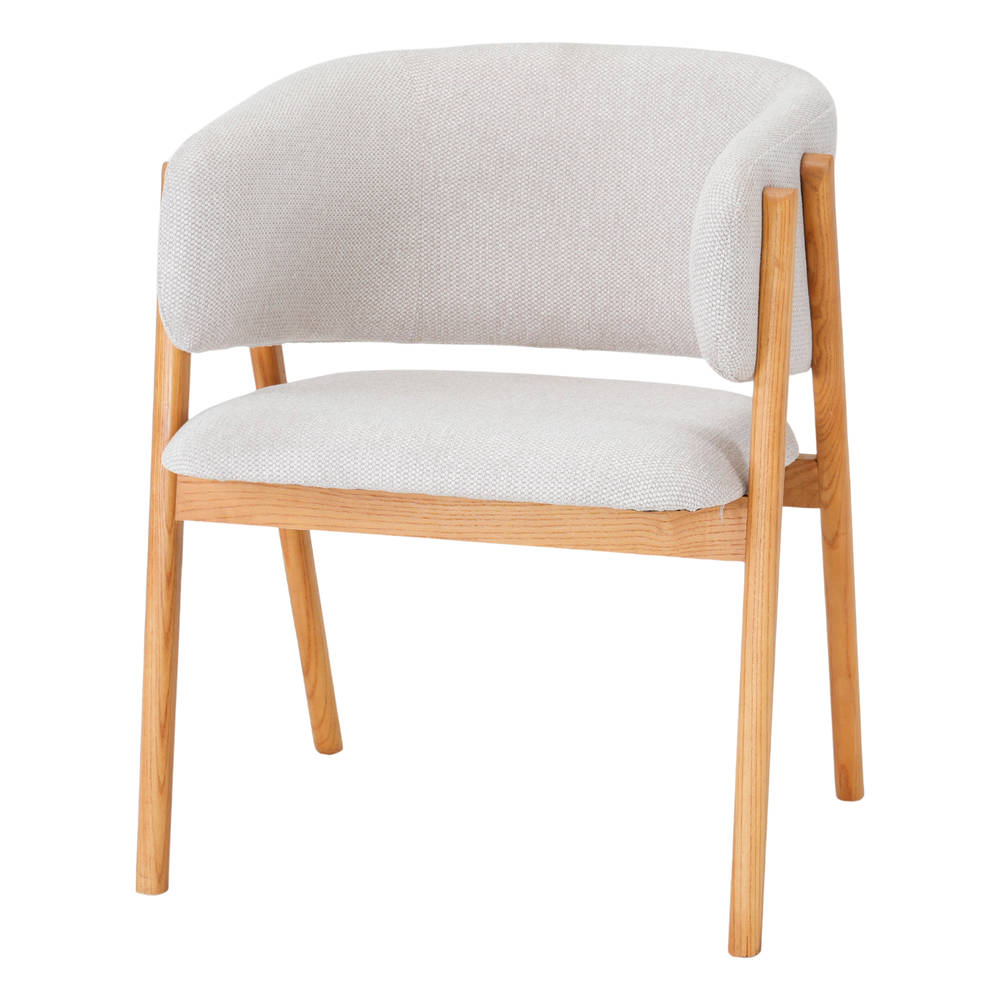 Silla de madera Avelines, de estilo Nórdico. Fabricada en madera de olmo torneada. Acabado natural. Asiento y respaldo tapizados en textil. beige