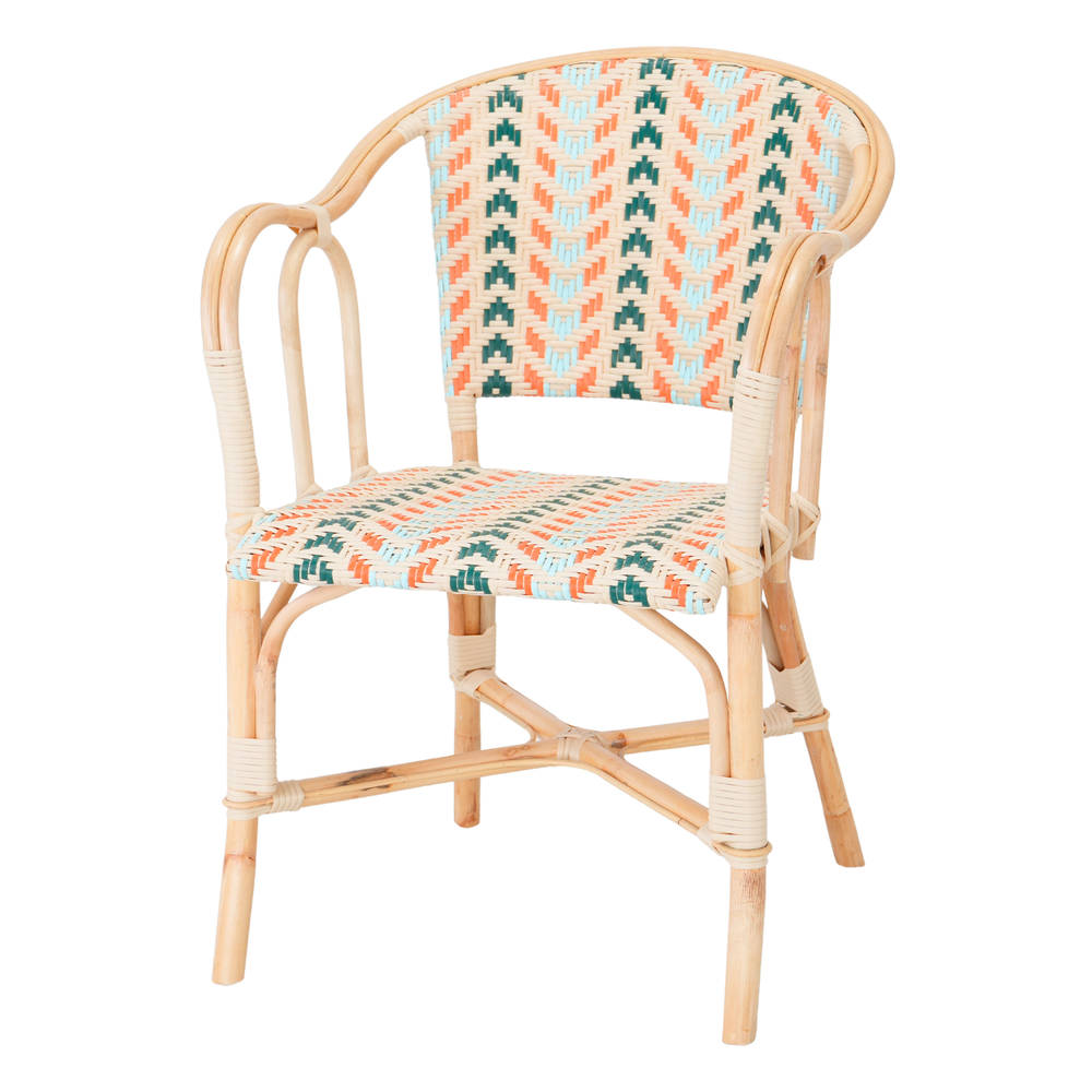Silla de ratán sintético Salina, de estilo Bistro.
Estructura de ratán natural.
Asiento en médula de ratán sintético multicolor.
No apta para exterior.