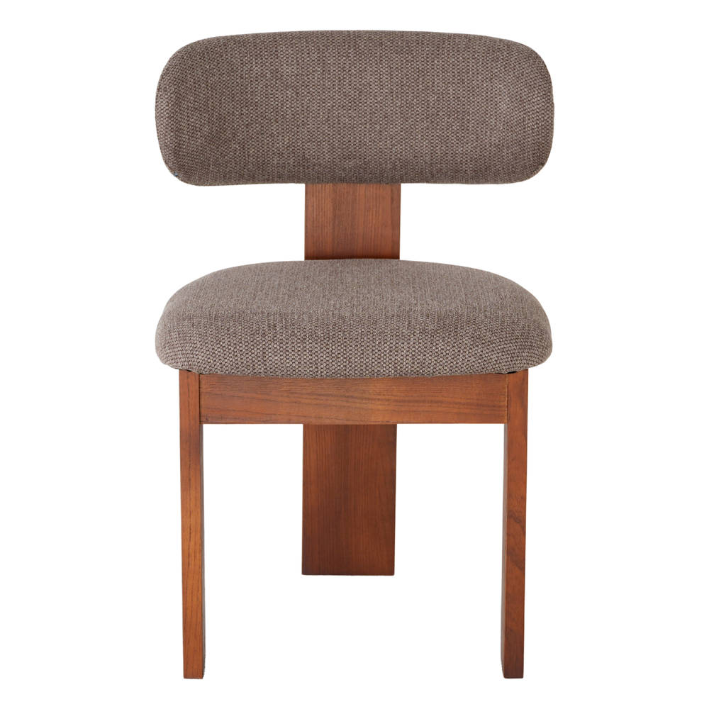 SILLA DE MADERA AIKAWA estilo Contemporáneo. Estructura de madera de olmo con tinte nogal y tapizado textil. No apta para exterior. FRONTAL