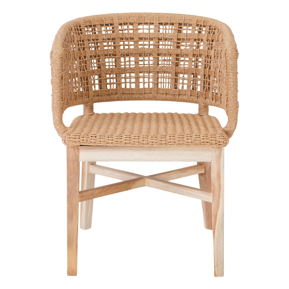 Silla de madera Wisla, estilo Mediterráneo.
Estructura fabricada en madera maciza de teka.
Asiento y respaldo en cuerda sintética trenzada.
Válida para exterior a cubierto. frontal
