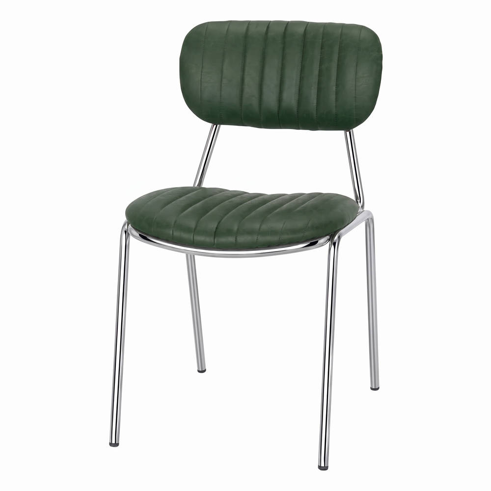 SILLA DE METAL FENWICK estilo Industrial con una estructura de acero de acabado cromado y un tapizado en polipiel de color verde