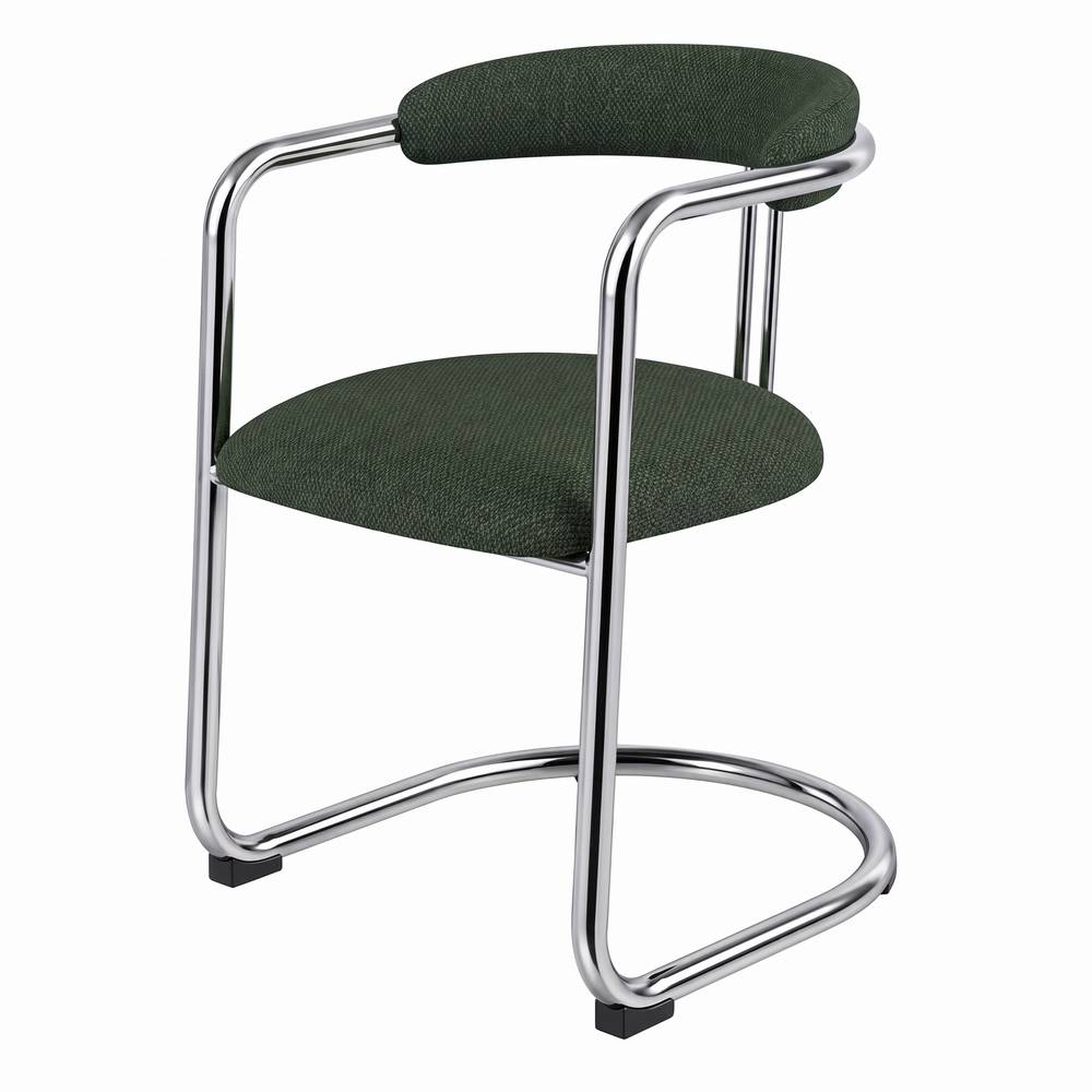 misterwils-silla-metal-tapizada-harlow-verde-01 CADEIRA DE METAL ESTOFADA HARLOW de estilo contemporâneo, com estrutura de aço cromado e um elegante estofamento em tecido verde-floresta