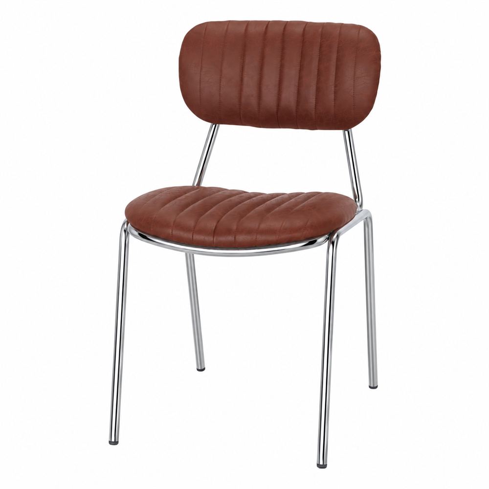 misterwils-silla-metal-tapizada-fenwick-1 SILLA DE METAL FENWICK estilo Industrial con una estructura de acero de acabado cromado y un tapizado en polipiel de color marrón 1