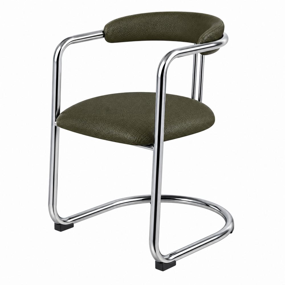misterwils-silla-metal-tapizada-harlow-verde CADEIRA DE METAL ESTOFADA HARLOW de estilo contemporâneo, com estrutura de aço cromado e um elegante estofamento em tecido verde-floresta